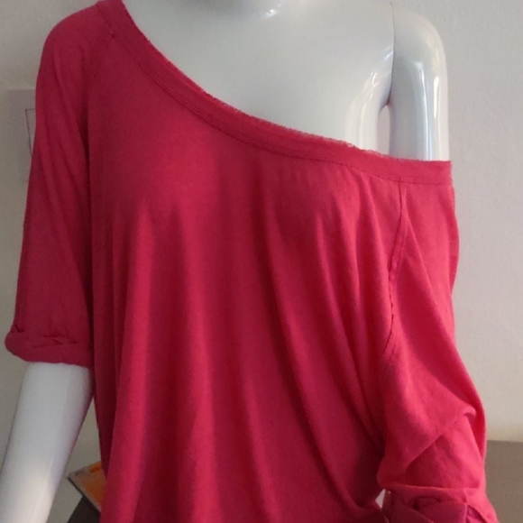 💖Free People Hot Fuschia PINK Shirt Sleeve wide neck off shoulder t-shirt New - Picture 3 of 5